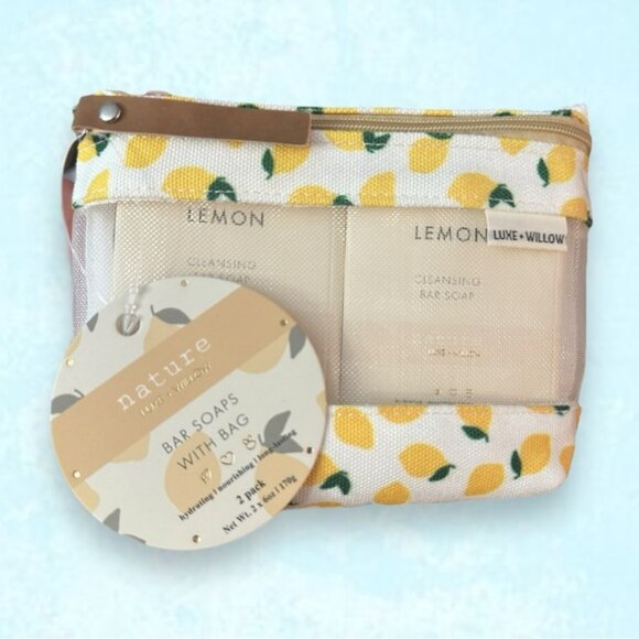 🆕 NWT Luxe + Willow Lemon Milled 2 Pack Bar Soaps with Travel Cosmetic Pouch - Picture 2 of 4